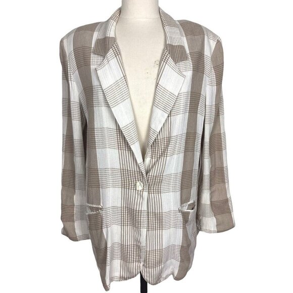 Vintage 80s Toni Garment For CC Magic Jacket Womens Medium Beige Plaid Oversize - Picture 1 of 11